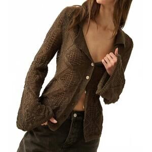 NEW PROMESA diamond dust geometric crochet button-up cardigan in warm charcoal